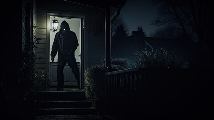 A thief covering his face wearing a hoodie tries to enter a house From the Window by force. Burglar at night. Security concept