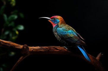 Fototapeta premium A vibrant blue woodpecker perches gracefully on a branch, its colorful feathers and sharp beak adding to the wild beauty of the outdoor scene
