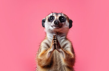 Meerkat folded paws in prayer gesture asking for help or forgiveness, on pink background. - obrazy, fototapety, plakaty