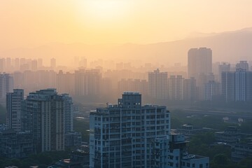 Smoggy air of a megapolis causing people to cough and gasp for breath