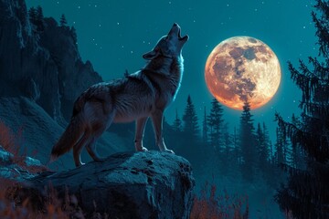 wolf howling at the moon - obrazy, fototapety, plakaty