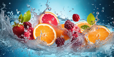 Fruit Splash: Refreshing Watermelon Infused with Zesty Citrus, Immersed in a Whirlpool of Blue and White Bubbles