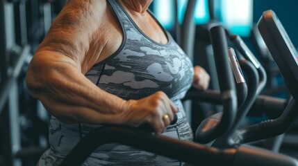 Close up overweight mature elderly middle aged woman in the gym preparing to play sports, the concept of an active life in old age, taking care of the body and building a relationship with weight - obrazy, fototapety, plakaty