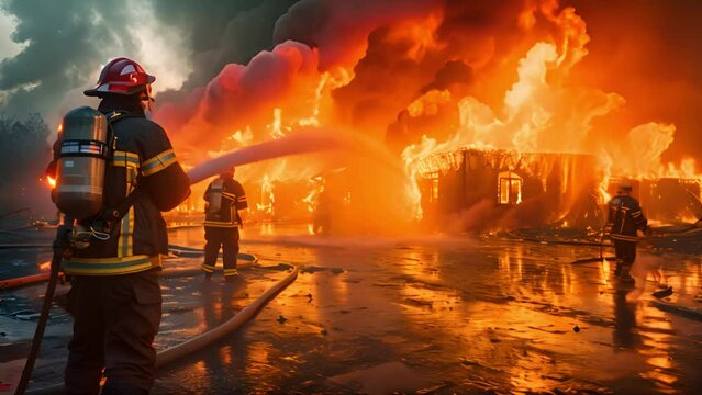 Firefighters rescue team extinguishing fire building. Fireman extinguish fire with the hose. Burning house fire drill. High quality 4k footage slomotion flames