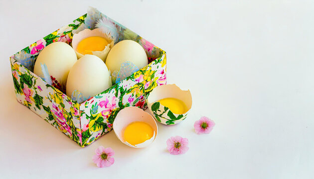 Easter Eggs decorated for easter party concept in a flat lay background color
