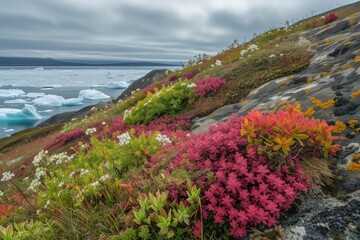 A vibrant display of colorful flowers on a hill overlooking the serene ocean, with a backdrop of lush green grass and rocky cliffs along the coast, all under a clear blue sky dotted with fluffy cloud - Powered by Adobe