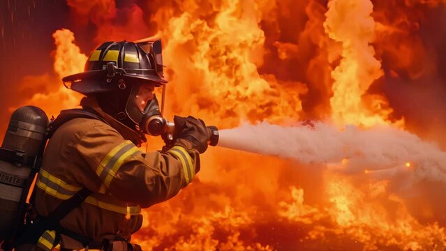Firefighters rescue team extinguishing fire building. Fireman extinguish fire with the hose. Burning house fire drill. High quality 4k footage slomotion flames