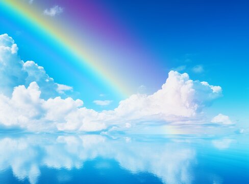 Rainbow in the blue sky with white clouds and rainbow. - Powered by Adobe