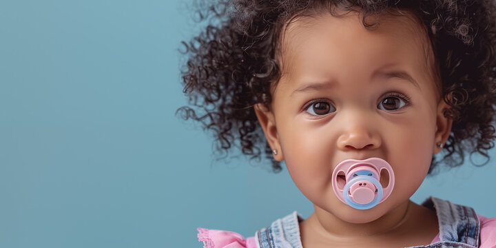 Little cute afroamerican girl with pacifier. Banner with red background and copy space. Shallow depth of field.