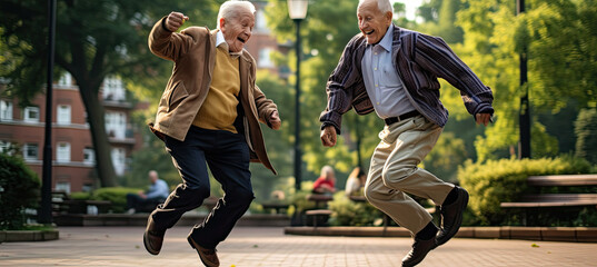 Two happy jumping dancing seniors in the park in daylight in summer.