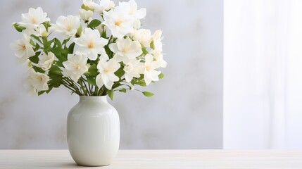 Fototapeta na wymiar Beautiful bouquet with fresh jasmine flowers in vase on white table indoors, space for text