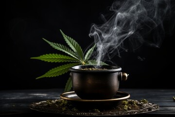 Stylish tea cup with cannabis leaf, rising steam, space for text or design on dark background