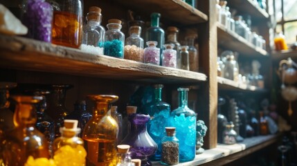 Illustration of occult magic magazine and shelf with various potions, bottles, poisons, crystals, salt. Alchemical medicine concept	

