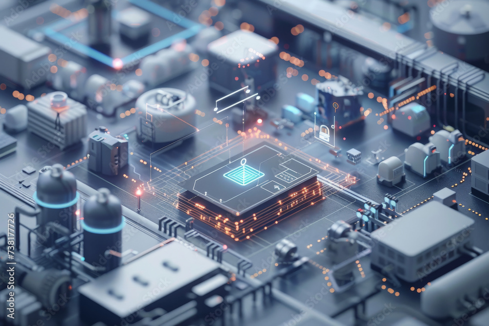 Poster a computer generated image of a factory with a cpu in the middle