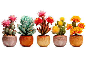 A Row of Diverse Cactus Varieties in Pots. This photo showcases a row of various types of cacti in pots, highlighting the diversity of shapes, sizes, and textures.