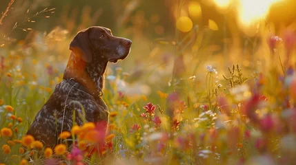 Papier Peint photo Lavable Prairie, marais German Shorthaired Pointer dog sitting in meadow field surrounded by vibrant wildflowers