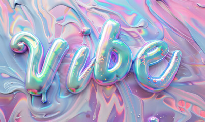vibe spelled out in a holographic liquid font against a pastel liquid swirl background