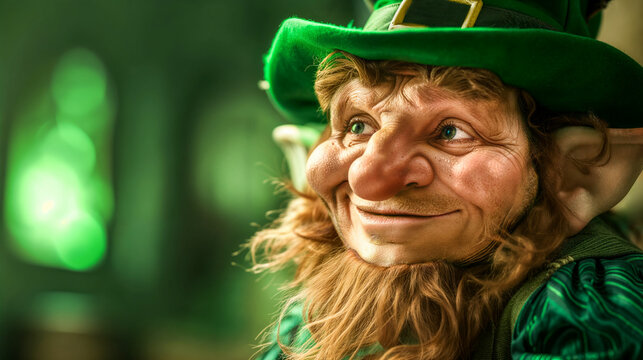 Close-up of smiling leprechaun with green hat, red beard, and twinkling green eyes, symbolic of Saint Patrick's Day