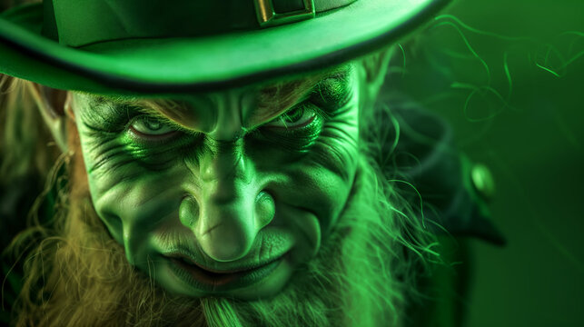 Intense leprechaun with furrowed brow, wearing green top hat, giving a sly smile, embodying intrigue of Saint Patrick's Day