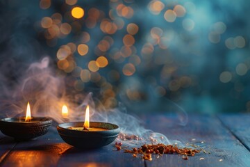 Indian bowls with candles on blurred background. Photography with copy space. Celebration, religion, spiritual concept. For banner, social network, blog, advertisement.