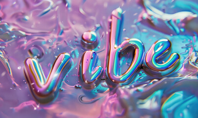 vibe spelled out in a holographic liquid font against a pastel liquid swirl background - obrazy, fototapety, plakaty