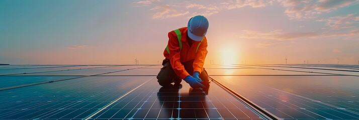 Solar pannel engineer next to photovoltaic pannels checking. - obrazy, fototapety, plakaty