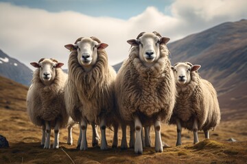 Fototapeta premium A group or herd of sheep looking in the camera