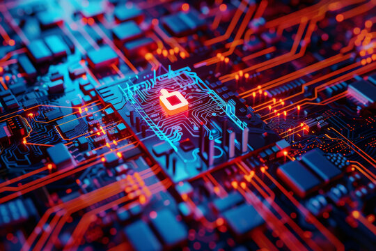 A computer circuit board with a red square in the middle