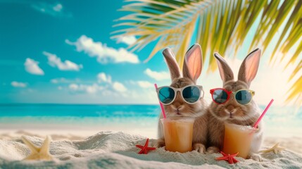 Two funny bunny rabbits in sunglasses with two glasses of a summer drink orange juice on the sandy shore of the ocean sea, the concept of advertising tourism, summer vacation at sea, copyspace