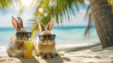 Two funny bunny rabbits in sunglasses with two glasses of a summer drink orange juice on the sandy shore of the ocean sea, the concept of advertising tourism, summer vacation at sea, copyspace