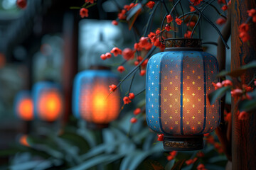 Traditional Chinese lanterns, reminiscent of lighthouses, casting a warm glow. Generative Ai.