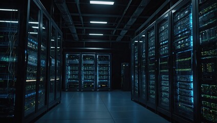 Modern Data Technology Center Server Racks in Dark Room with VFX, Visualization Concept of Internet of Things, Data Flow, Digitalization of Internet Traffic, Complex Electric Equipment Warehouse 