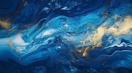 Fantasy fluid art background in blue tints with gilding. Flowing ripple effect of liquid ink. Dark phantom blue with gold. Fluorescent abstract texture of acrylic paints on canvas. Surreal mix colors
