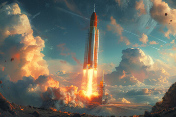 A futuristic space base with a rocket launching into the vast expanse of the cosmos. Generative Ai. - Powered by Adobe