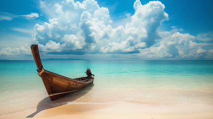 Fototapeta na wymiar plage avec barque sur le sable, mer tropicale