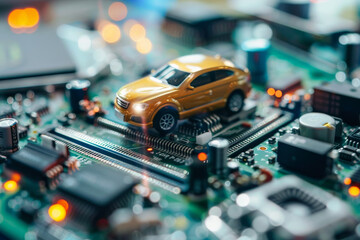 A toy car is sitting on top of a motherboard
