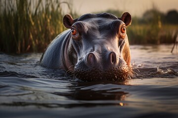 Wildlife photography of a hippopotamus swimming in water in a pond - obrazy, fototapety, plakaty