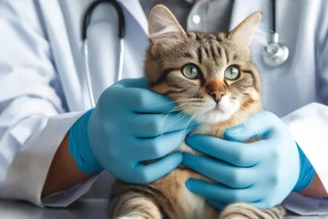 Fotobehang A veterinarian examines a sick cat at a veterinary hospital.  AI generated © karp5