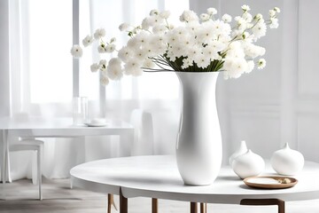 white vase with flowers, Enter a realm of timeless elegance with a pristine white vase filled with delicate white flowers, placed atop a table. The white flowers exude purity and grace, their petals u
