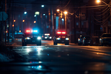 Police driving police car to engage crime scene at night