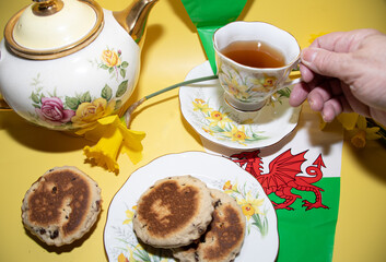 St davids  day  celebrations welsh  Flags  Welsh cake  Daffodils   Vintage  tea  party  and  teacup...
