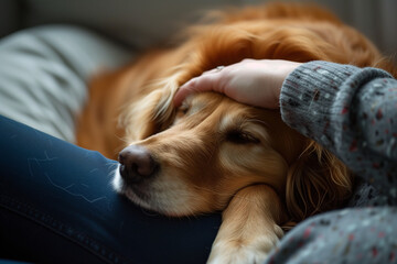 dog sleeping on owner lap and rub on head