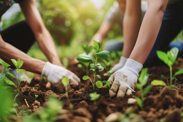 people planting a seedling together in the garden 