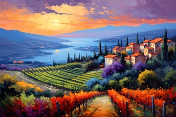a painting of a town in a vineyard