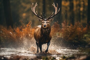 Wildlife photography of a deer running in the water
