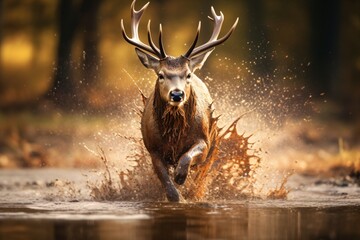 Wildlife photography of a deer running in the water