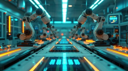 Robotic arms operating on a production line in a high-tech manufacturing facility, showcasing advanced automation and precision engineering.