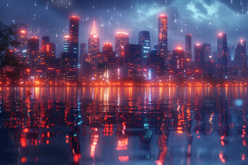 Fototapeta premium A nighttime cityscape aglow with twinkling lights, their reflections dancing on the water. Generative Ai.