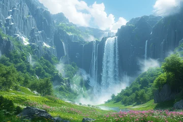 Dekokissen A tall waterfall plunging into a lush green valley, a natural wonder. Generative Ai. © Sebastian