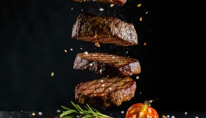 Flying Grilled Steak on Black Background